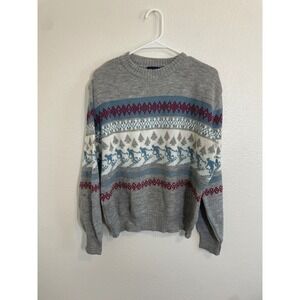 VTG Cavallini Womens Large Ski Sweater Grey Fair Isle Skier Knit Crewneck